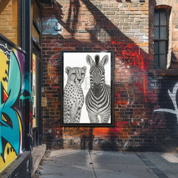 Serene Wildlife Contrast: Cheetah and Zebra Animal Poster PosterGoat