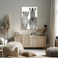 Serene Wildlife Contrast: Cheetah and Zebra Animal Poster PosterGoat