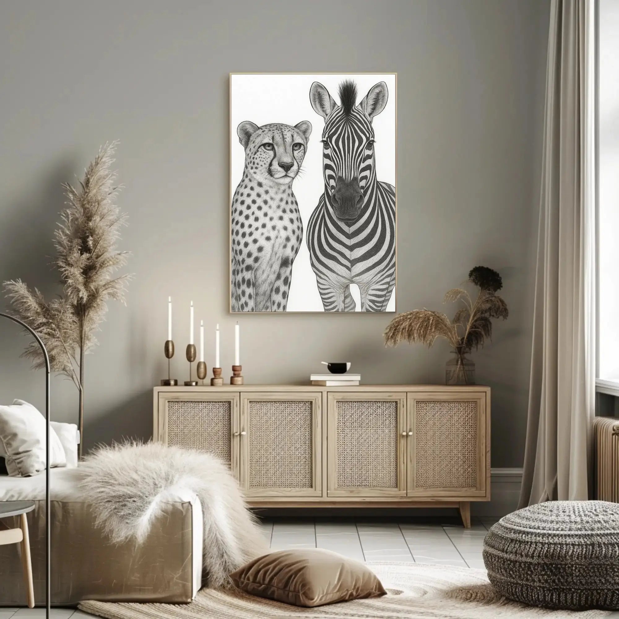 Serene Wildlife Contrast: Cheetah and Zebra Animal Poster PosterGoat