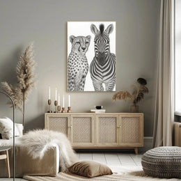 Serene Wildlife Contrast: Cheetah and Zebra Animal Poster PosterGoat