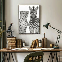 Serene Wildlife Contrast: Cheetah and Zebra Animal Poster PosterGoat