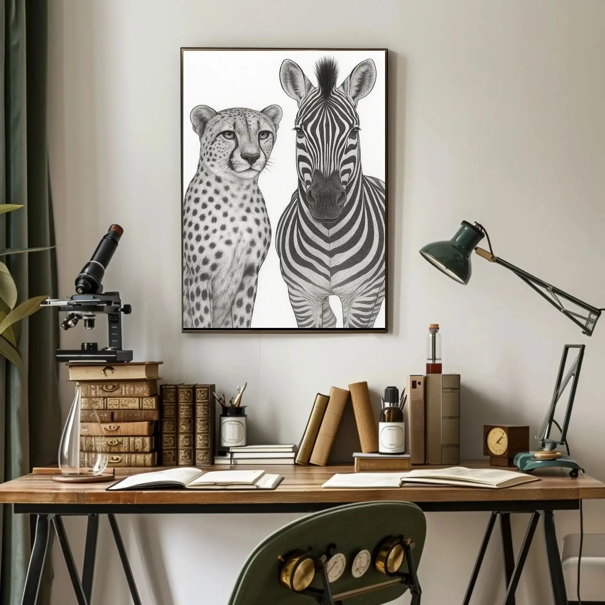 Serene Wildlife Contrast: Cheetah and Zebra Animal Poster PosterGoat