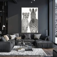 Serene Wildlife Contrast: Cheetah and Zebra Animal Poster PosterGoat