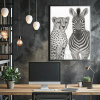 Serene Wildlife Contrast: Cheetah and Zebra Animal Poster PosterGoat