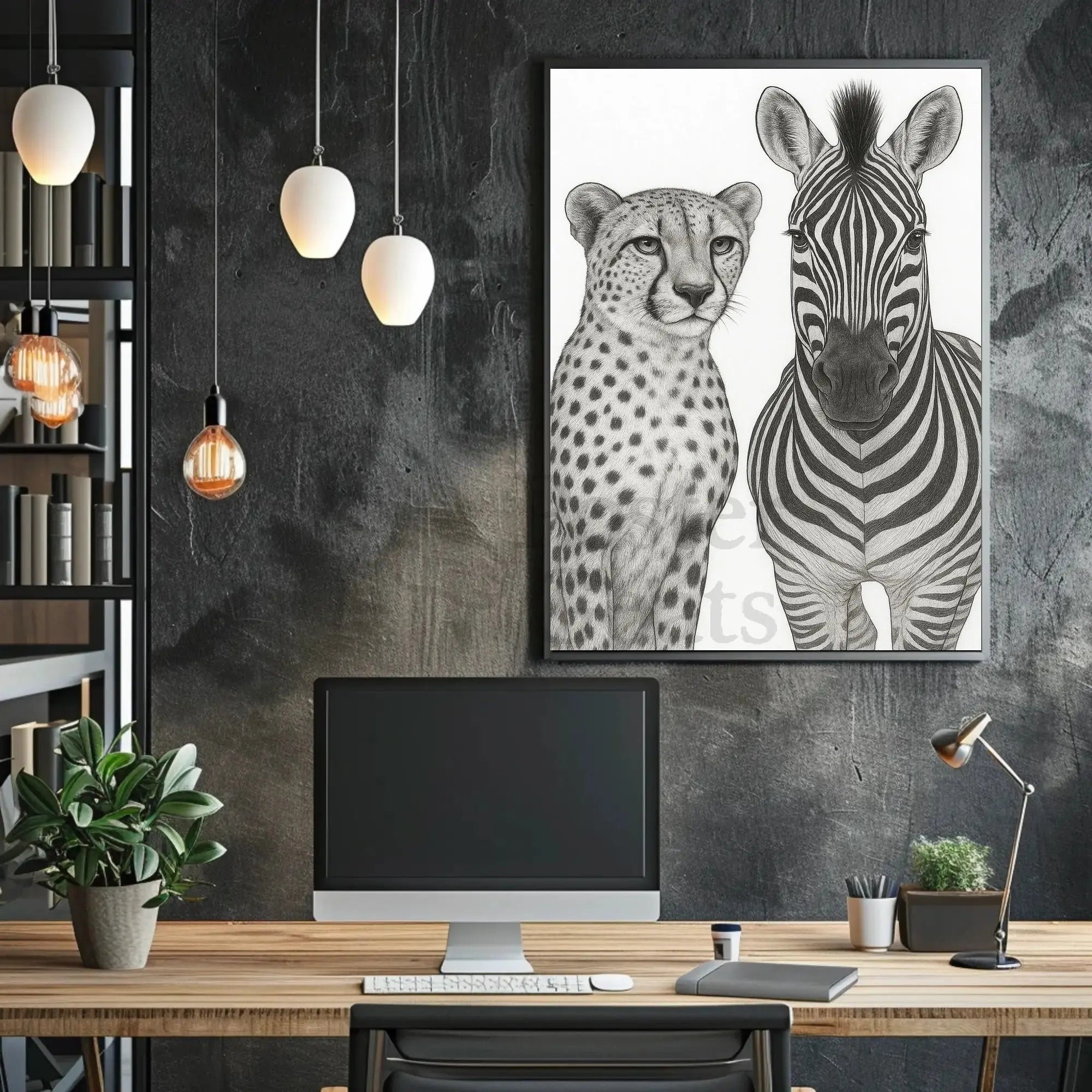 Serene Wildlife Contrast: Cheetah and Zebra Animal Poster PosterGoat