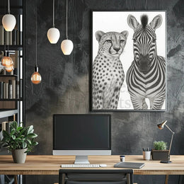 Serene Wildlife Contrast: Cheetah and Zebra Animal Poster PosterGoat
