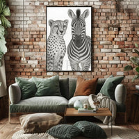 Serene Wildlife Contrast: Cheetah and Zebra Animal Poster PosterGoat