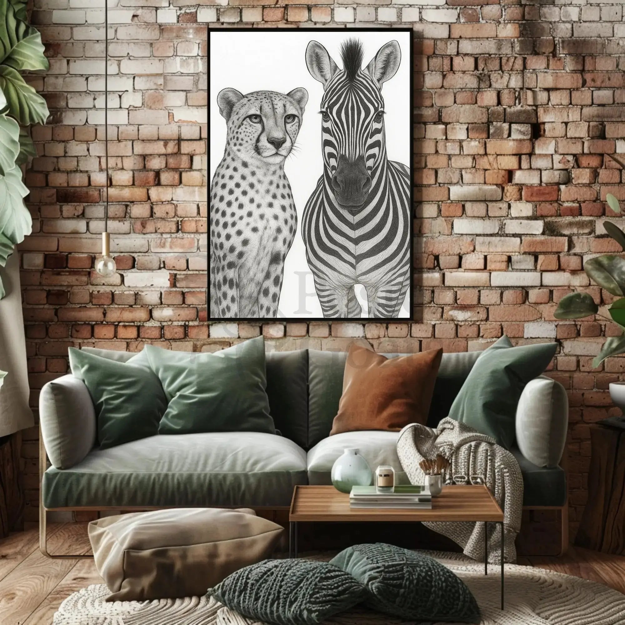 Serene Wildlife Contrast: Cheetah and Zebra Animal Poster PosterGoat