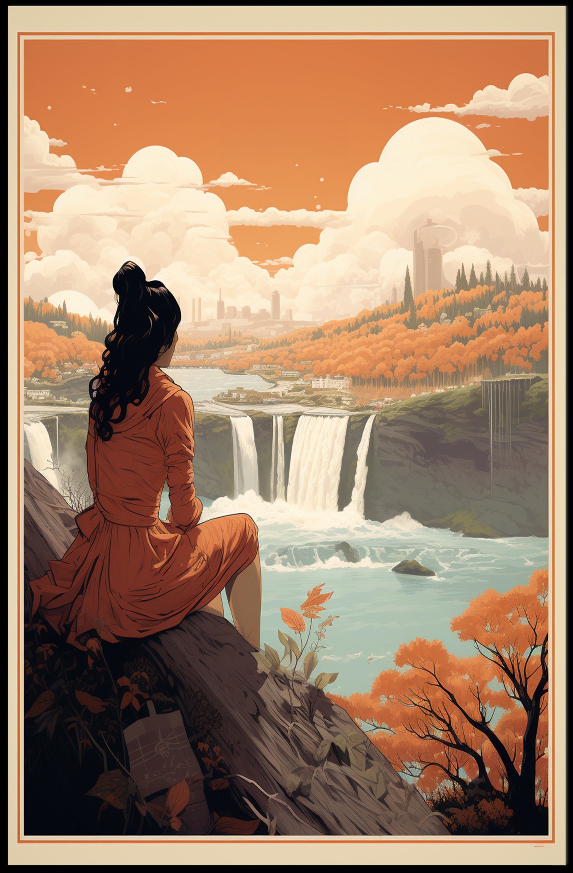 Serene Woman Overlooking Waterfall Scene – Artistic Poster PosterGoat