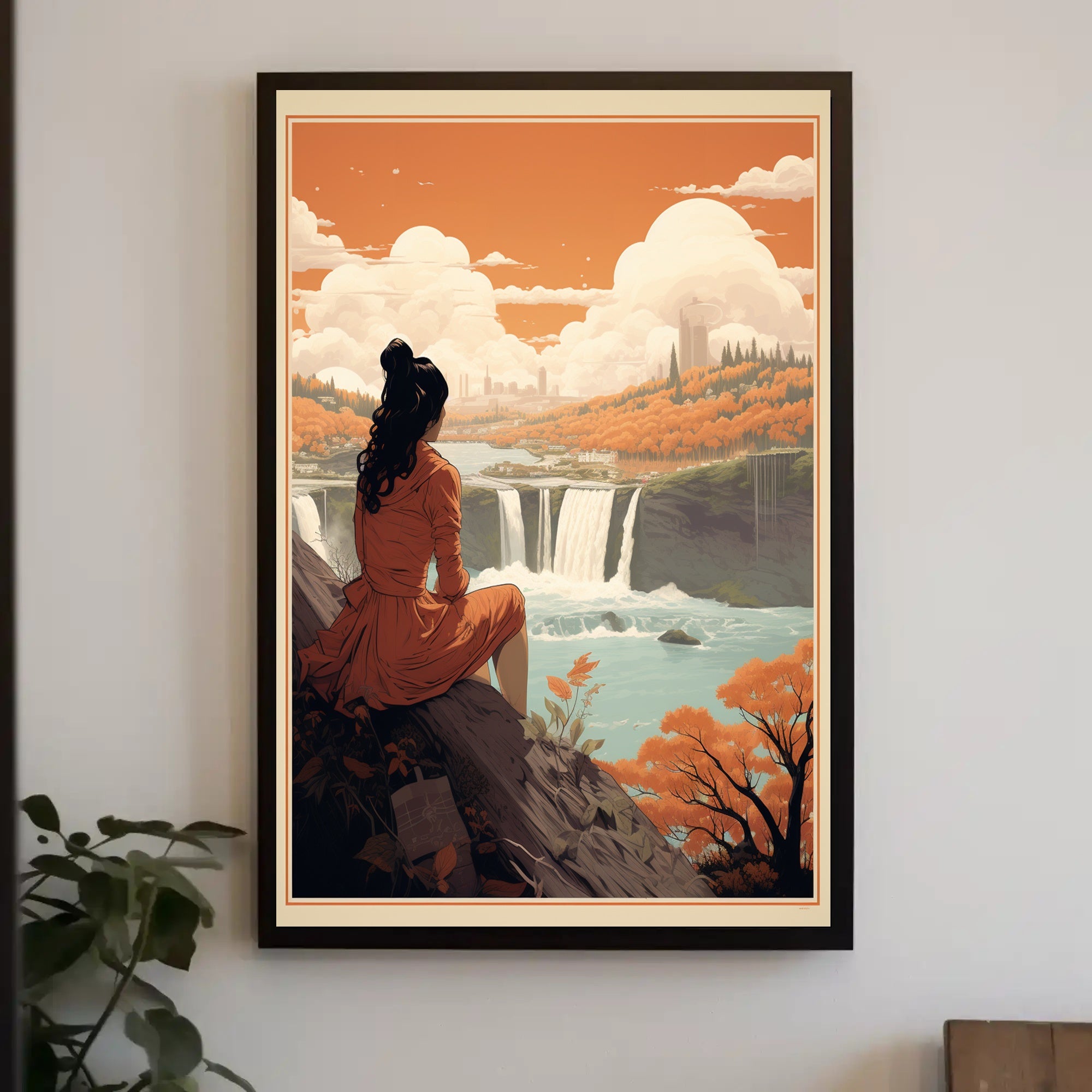 Serene Woman Overlooking Waterfall Scene – Artistic Poster PosterGoat