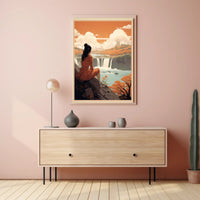 Serene Woman Overlooking Waterfall Scene – Artistic Poster PosterGoat