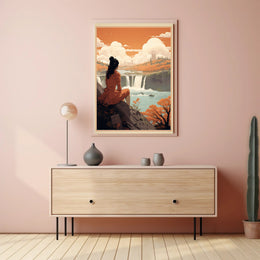 Serene Woman Overlooking Waterfall Scene – Artistic Poster PosterGoat