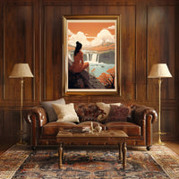 Serene Woman Overlooking Waterfall Scene – Artistic Poster PosterGoat