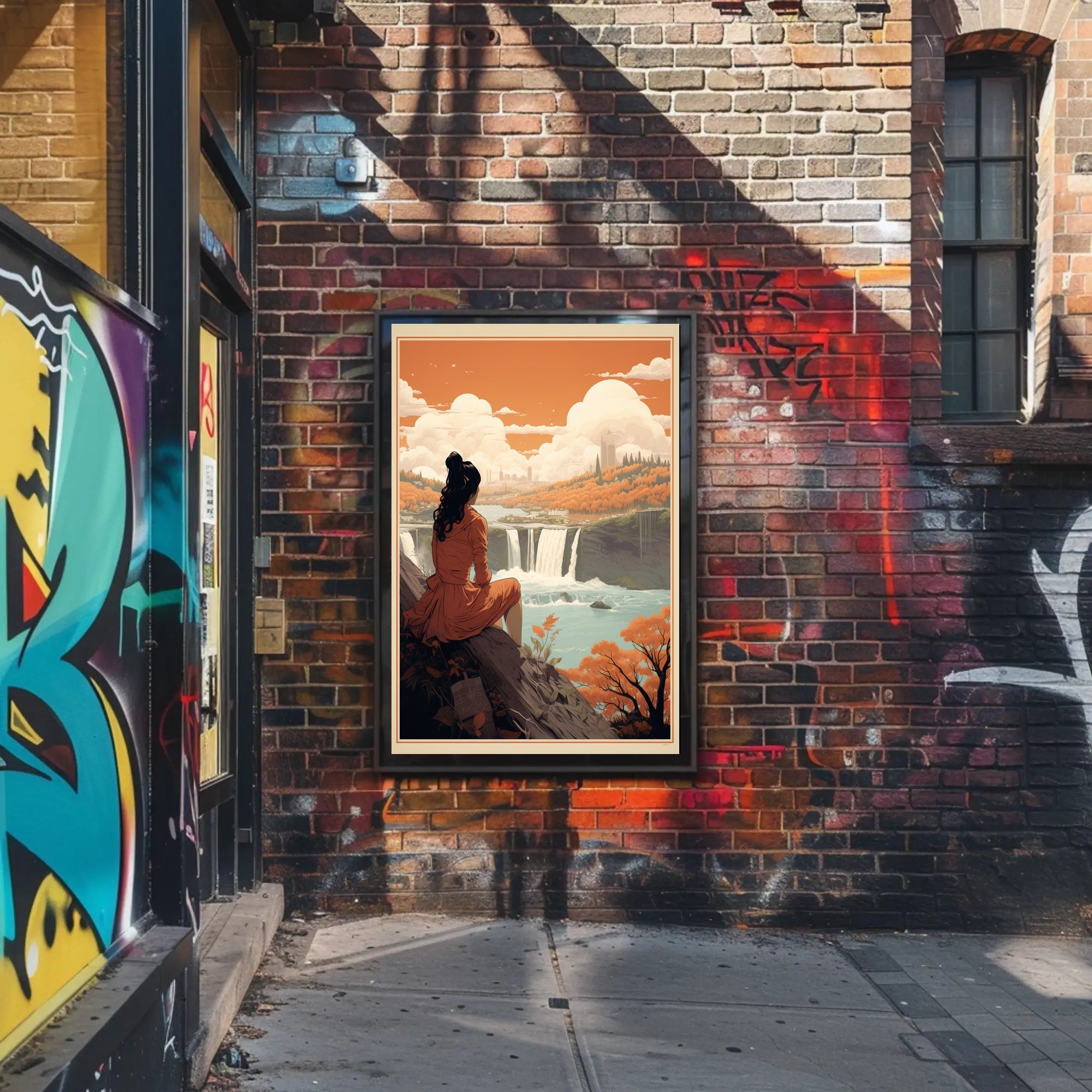 Serene Woman Overlooking Waterfall Scene – Artistic Poster PosterGoat