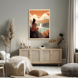 Serene Woman Overlooking Waterfall Scene – Artistic Poster PosterGoat