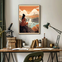 Serene Woman Overlooking Waterfall Scene – Artistic Poster PosterGoat