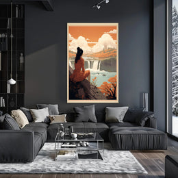 Serene Woman Overlooking Waterfall Scene – Artistic Poster PosterGoat
