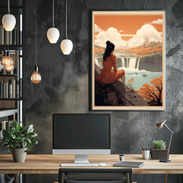 Serene Woman Overlooking Waterfall Scene – Artistic Poster PosterGoat