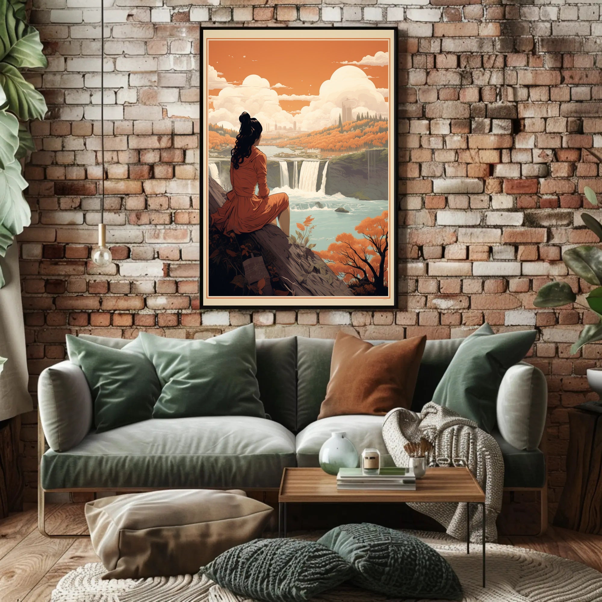 Serene Woman Overlooking Waterfall Scene – Artistic Poster PosterGoat