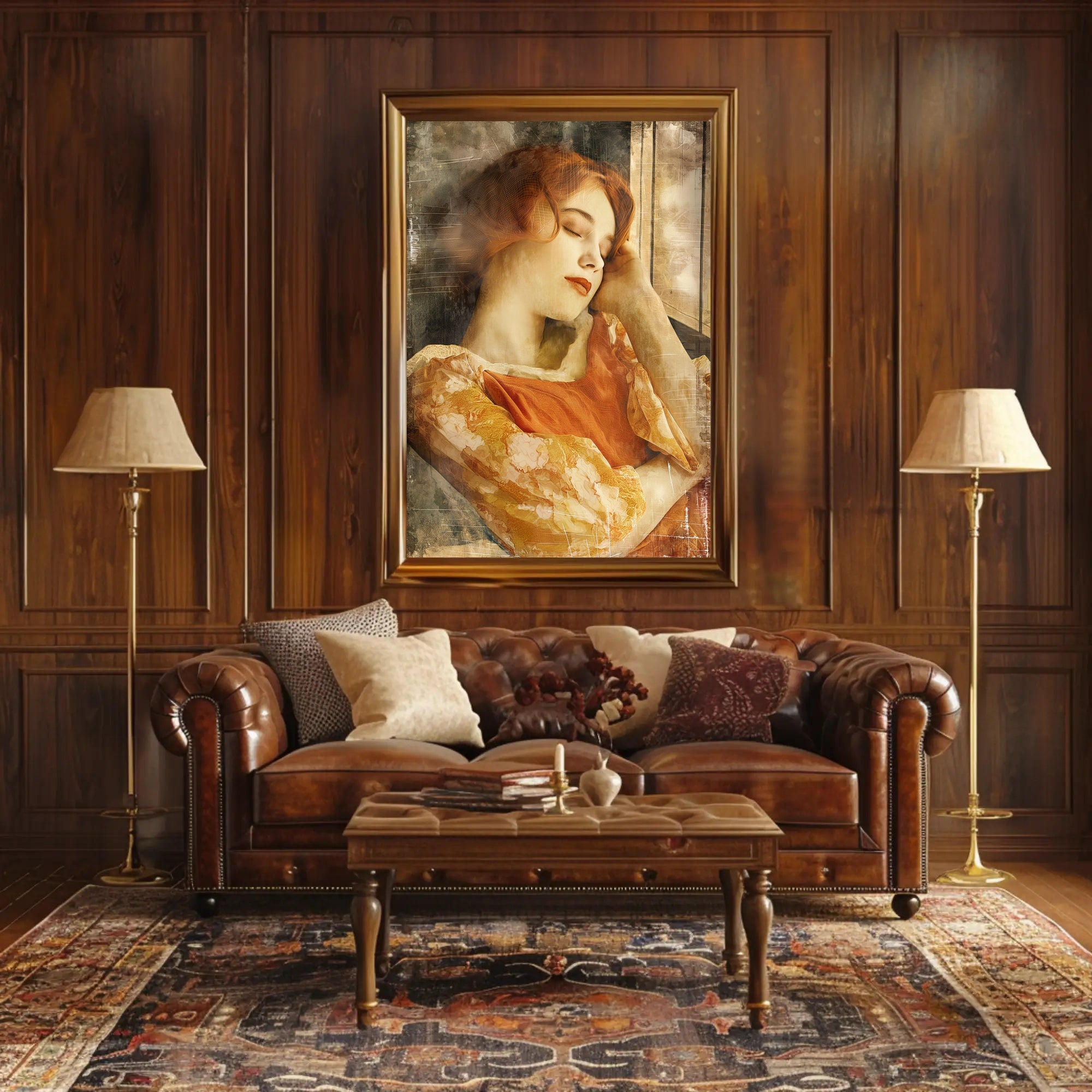 Serene Woman in Vintage Dress Artistic Poster PosterGoat