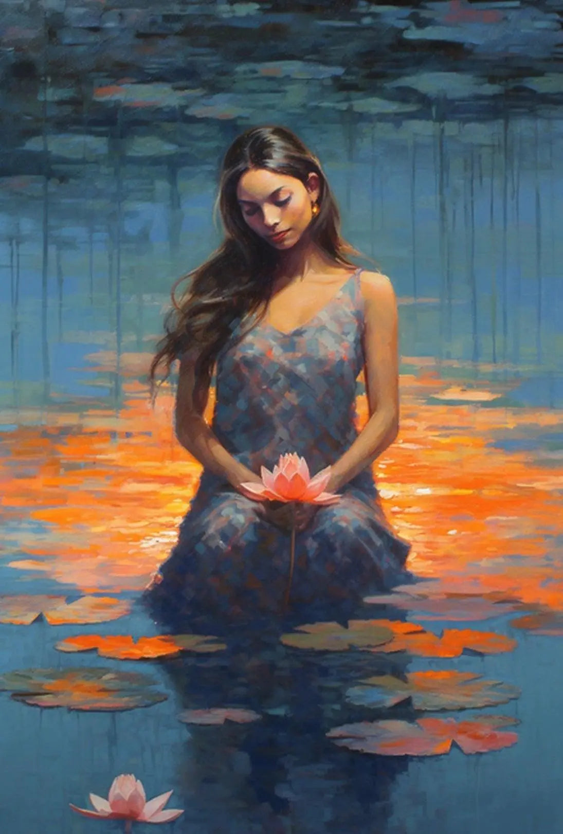 Serene Woman with Lotus Flowers Artistic Poster PosterGoat