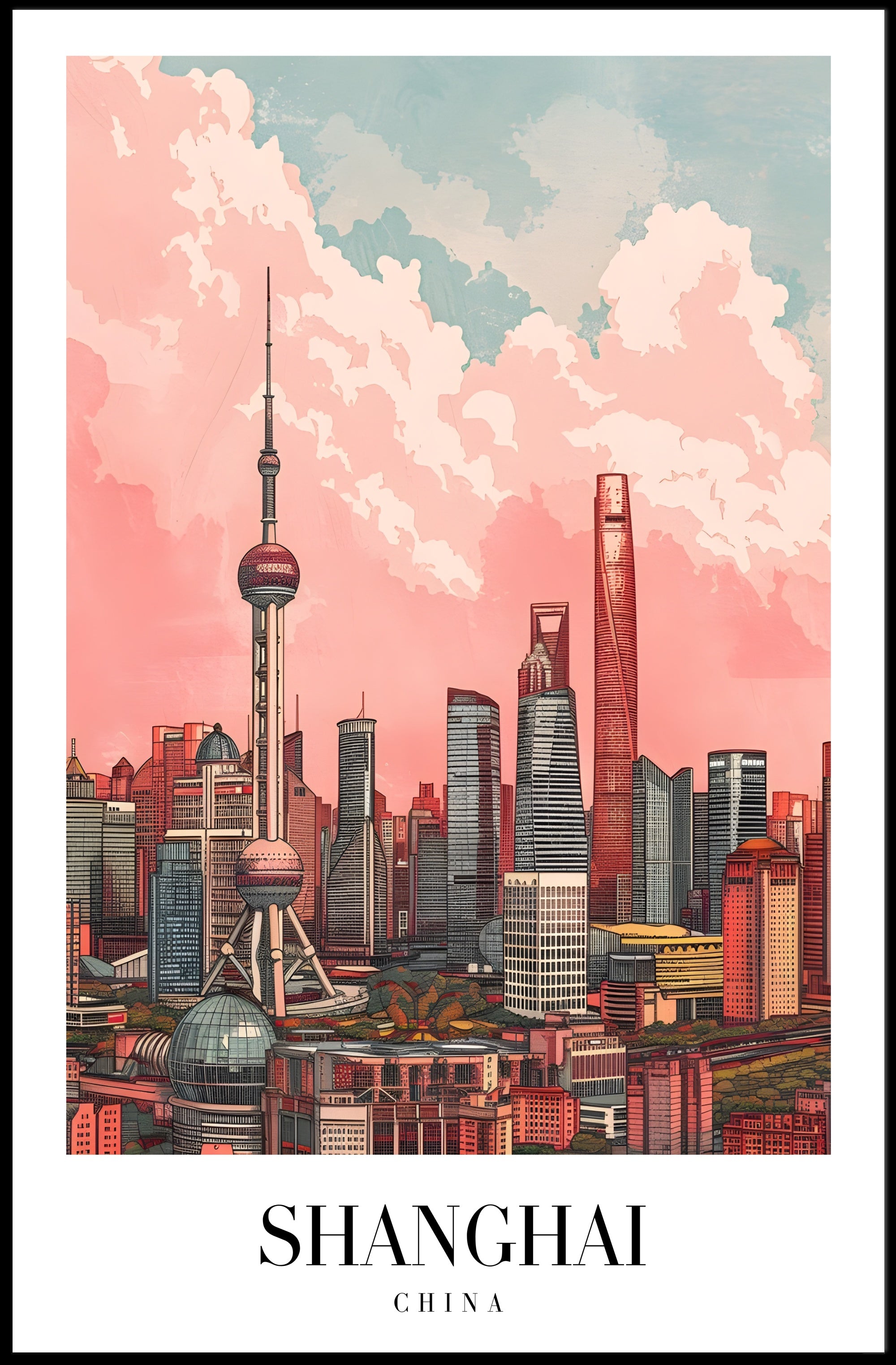 Shanghai Skyline Illustrative Art: Urban or Cityscape Poster PosterGoat