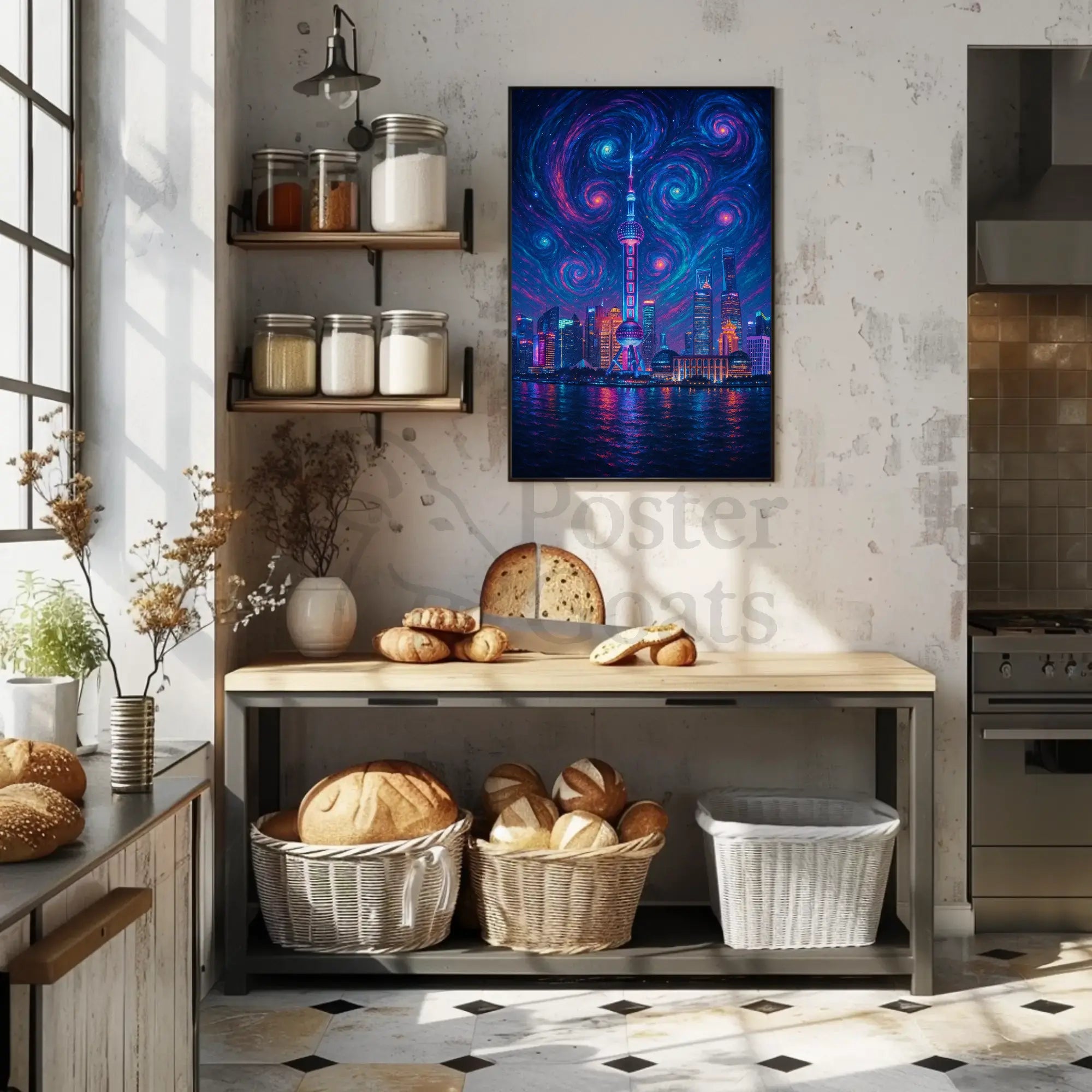 Shanghai Starry Night Urban Skyline Poster PosterGoat