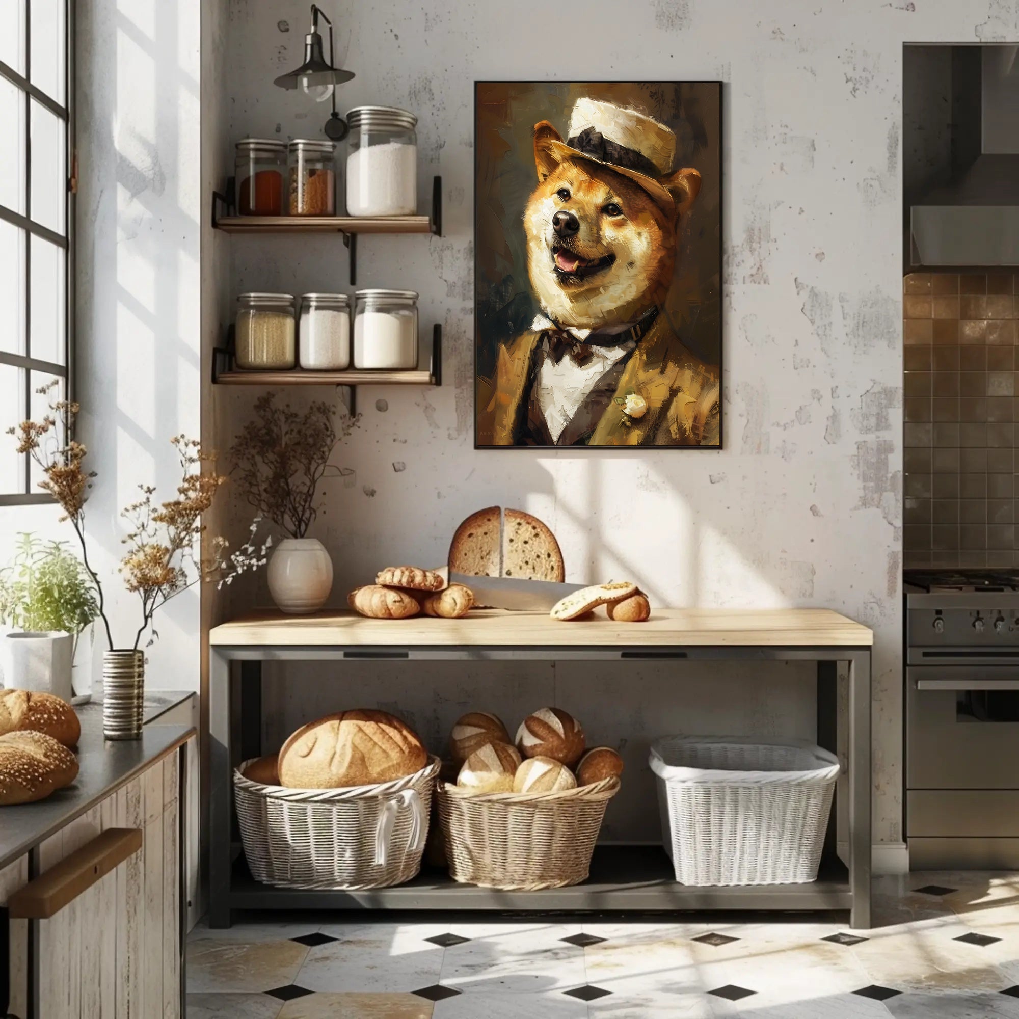 Shiba Inu in Vintage Attire: Artistic Poster PosterGoat