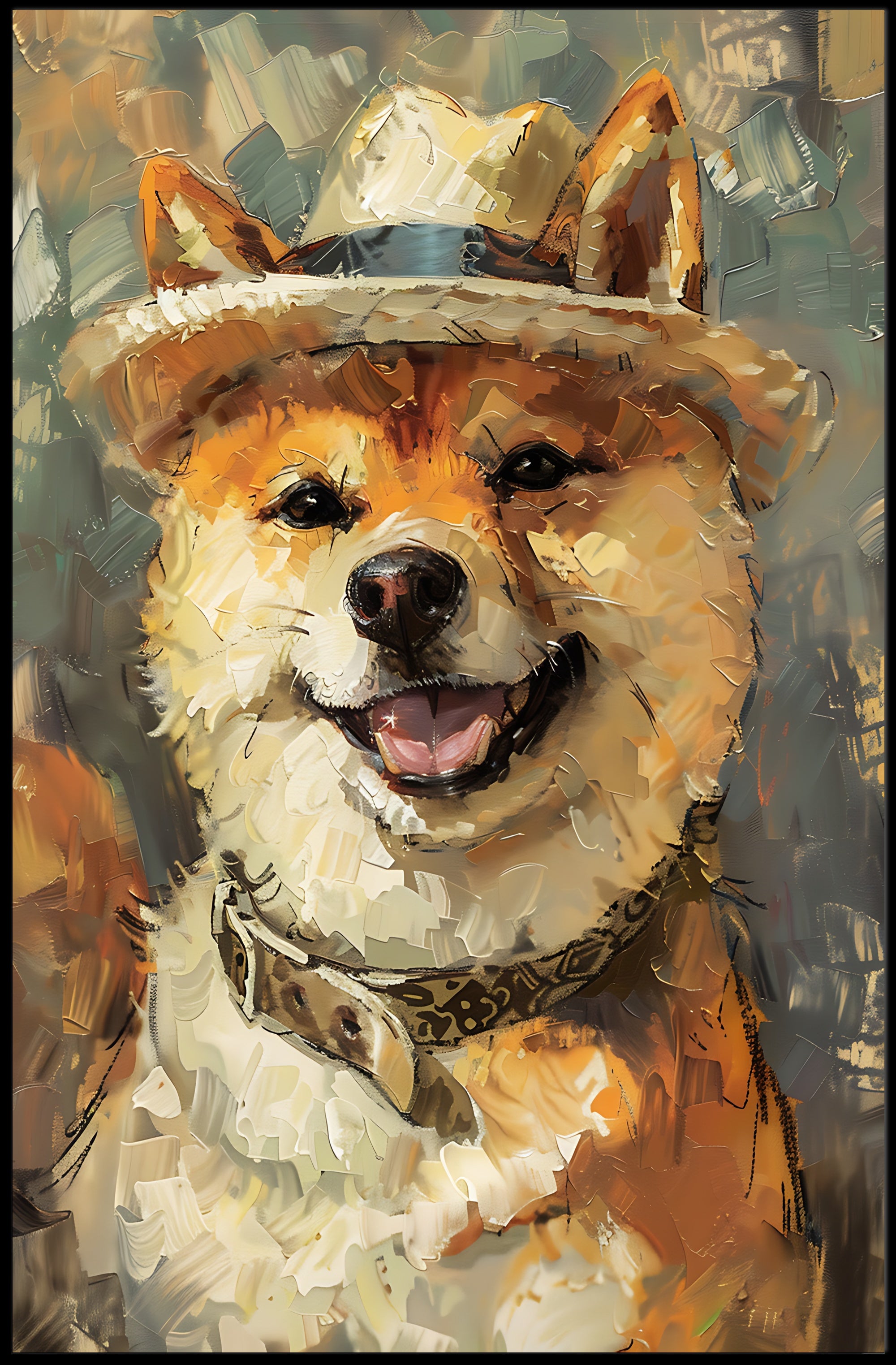 Shiba Inu with Straw Hat Artistic Dog Breed Poster PosterGoat