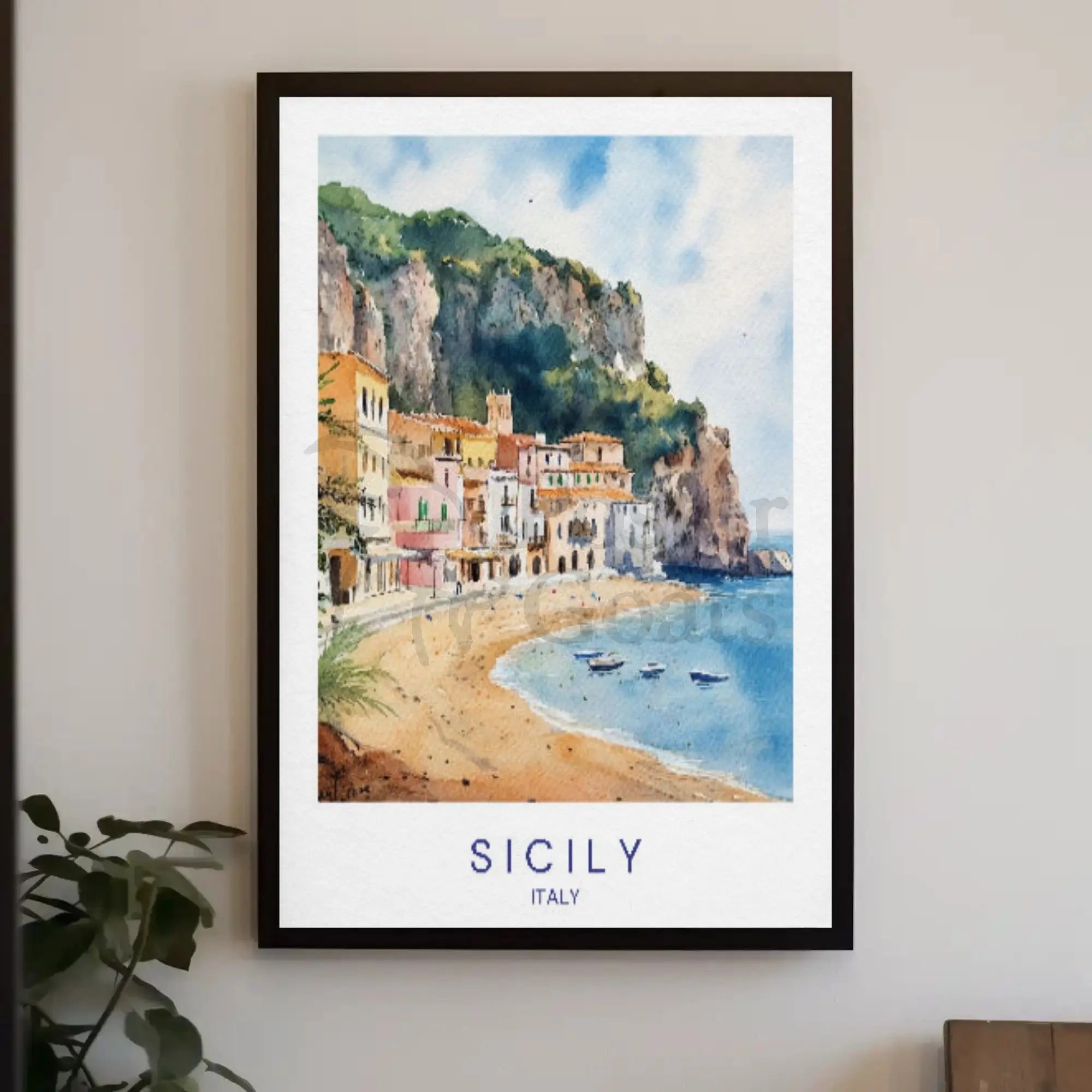 Sicilian Coastal Serenity Scenic Watercolor Travel Poster PosterGoat