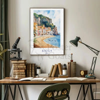 Sicilian Coastal Serenity Scenic Watercolor Travel Poster PosterGoat