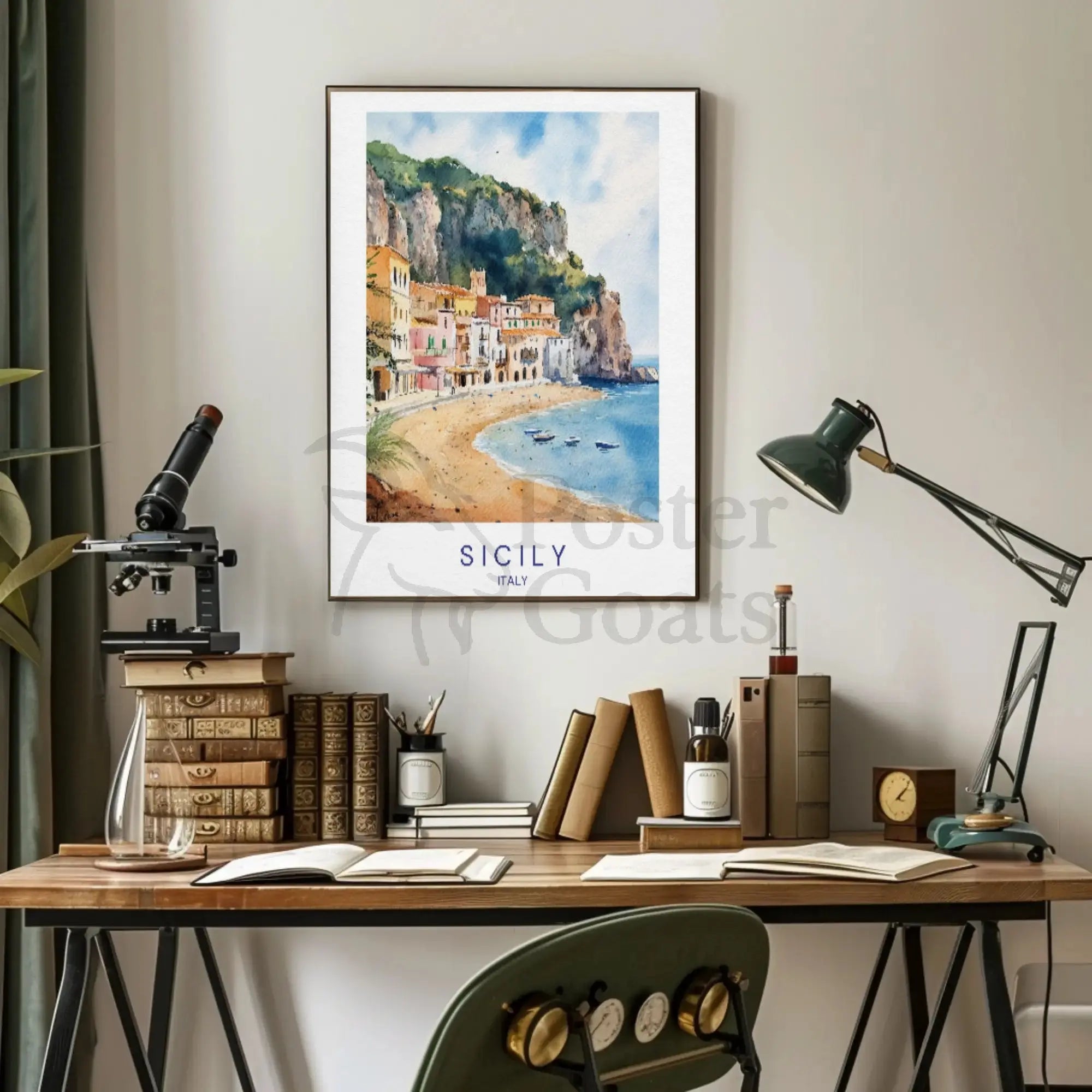 Sicilian Coastal Serenity Scenic Watercolor Travel Poster PosterGoat