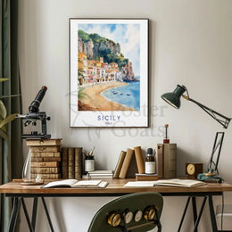 Sicilian Coastal Serenity Scenic Watercolor Travel Poster PosterGoat