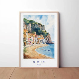 Sicilian Coastal Serenity Scenic Watercolor Travel Poster PosterGoat