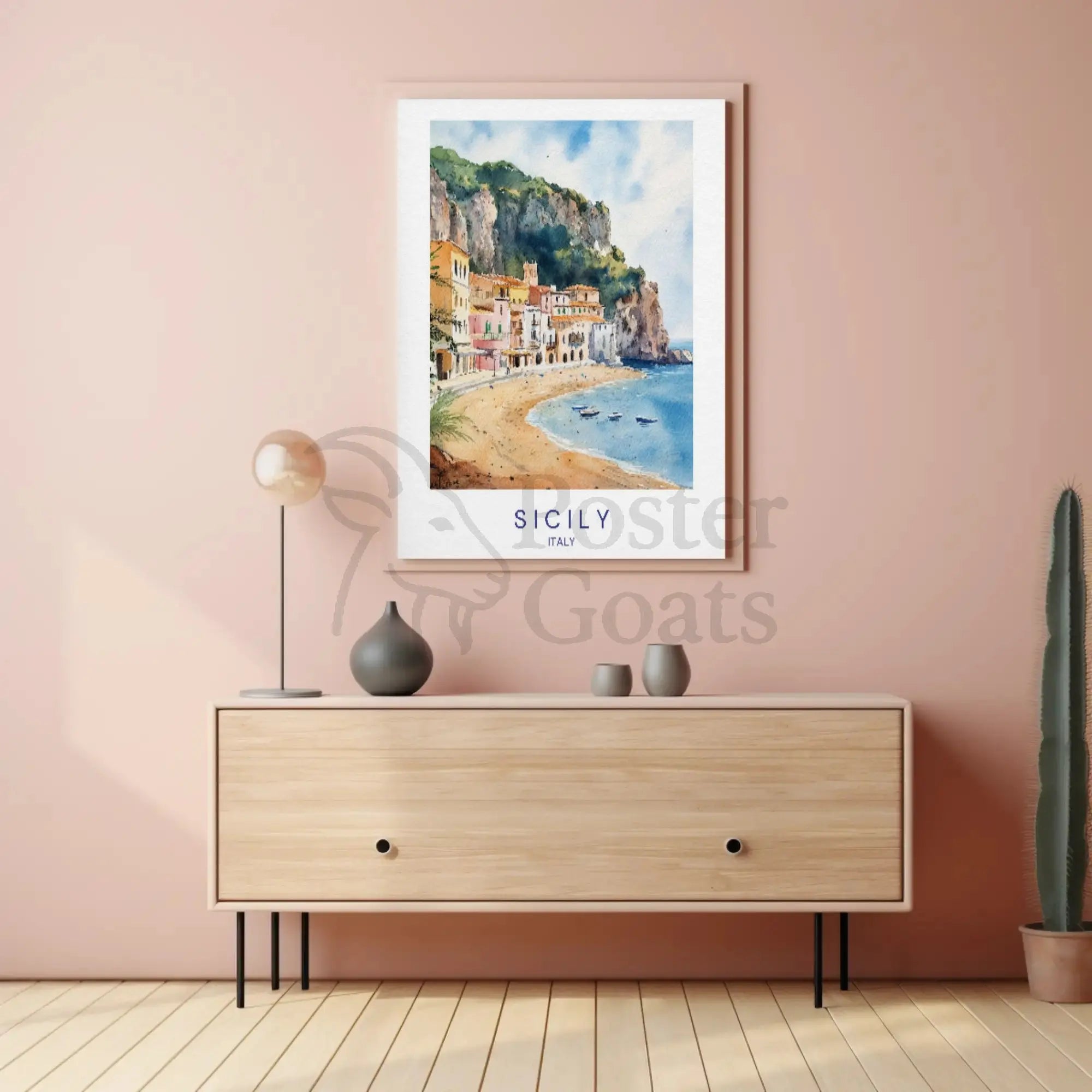 Sicilian Coastal Serenity Scenic Watercolor Travel Poster PosterGoat