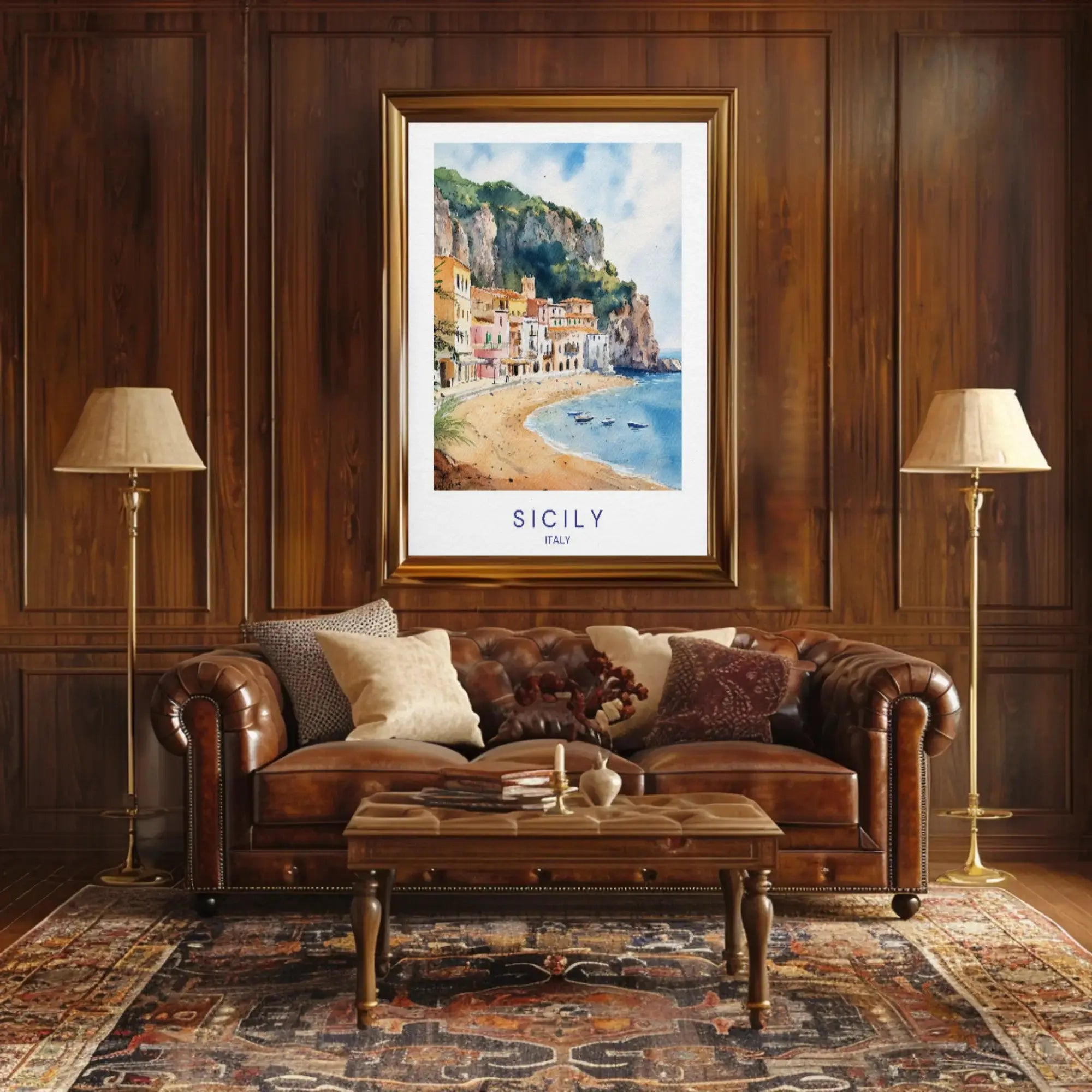 Sicilian Coastal Serenity Scenic Watercolor Travel Poster PosterGoat