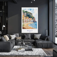 Sicilian Coastal Serenity Scenic Watercolor Travel Poster PosterGoat