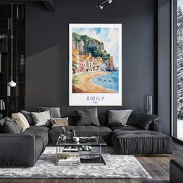 Sicilian Coastal Serenity Scenic Watercolor Travel Poster PosterGoat