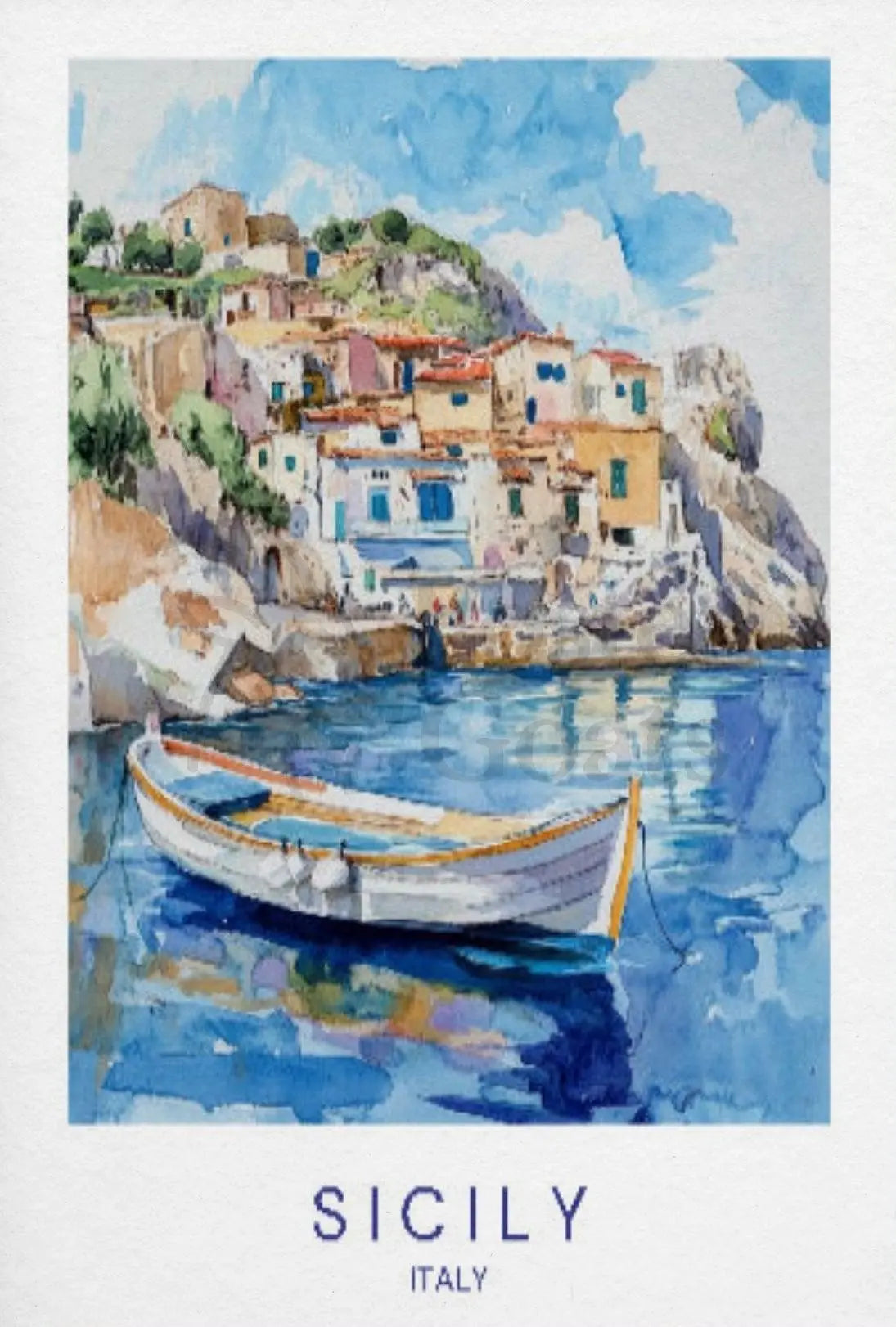 Sicily's Charming Coastline in Watercolor Travel Poster PosterGoat