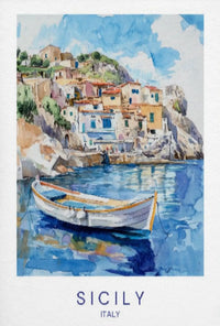 Sicily's Charming Coastline in Watercolor Travel Poster PosterGoat