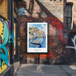 Sicily's Charming Coastline in Watercolor Travel Poster PosterGoat