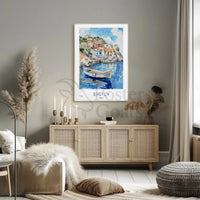 Sicily's Charming Coastline in Watercolor Travel Poster PosterGoat