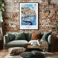 Sicily's Charming Coastline in Watercolor Travel Poster PosterGoat