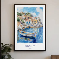 Sicily's Charming Coastline in Watercolor Travel Poster PosterGoat