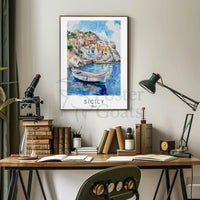 Sicily's Charming Coastline in Watercolor Travel Poster PosterGoat