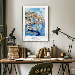 Sicily's Charming Coastline in Watercolor Travel Poster PosterGoat