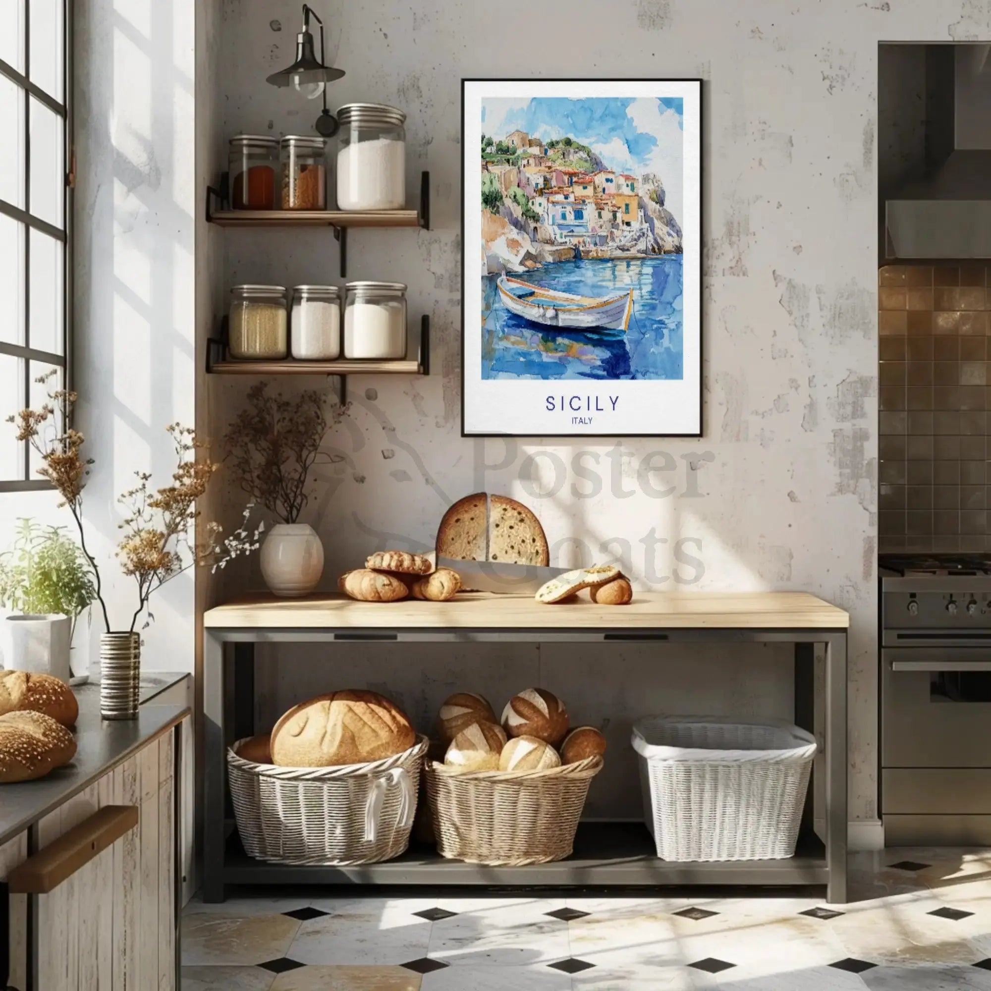 Sicily's Charming Coastline in Watercolor Travel Poster PosterGoat