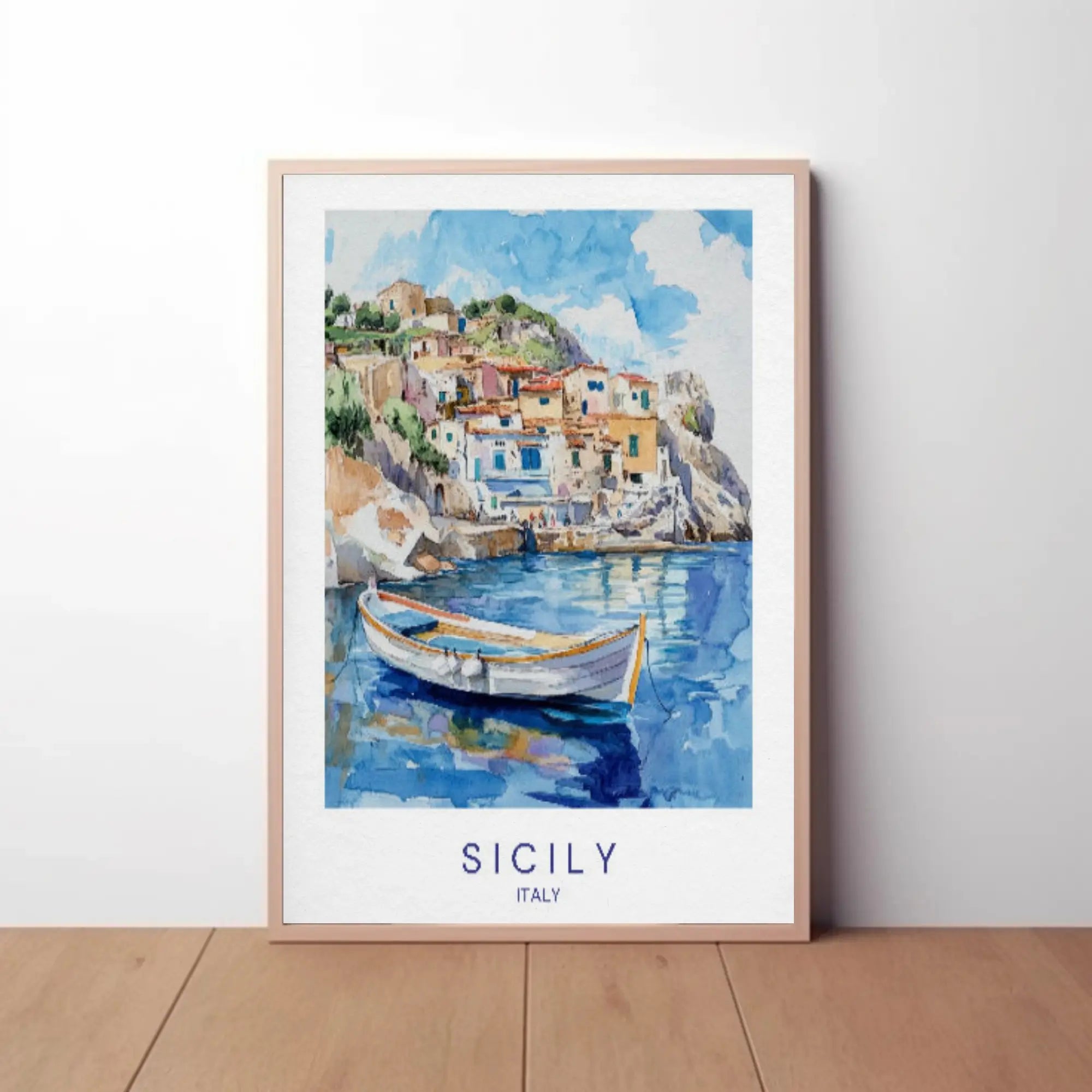 Sicily's Charming Coastline in Watercolor Travel Poster PosterGoat