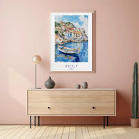 Sicily's Charming Coastline in Watercolor Travel Poster PosterGoat