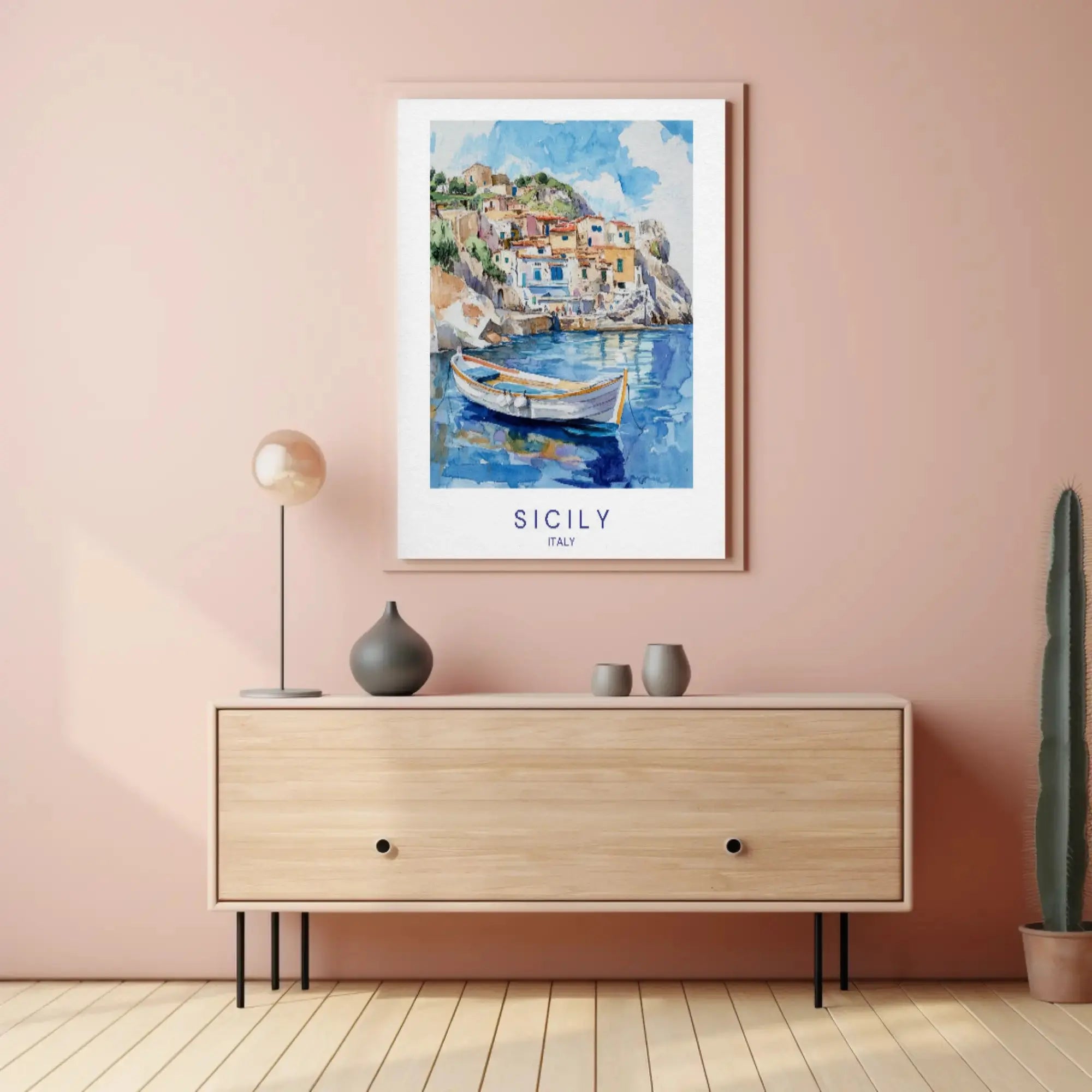 Sicily's Charming Coastline in Watercolor Travel Poster PosterGoat